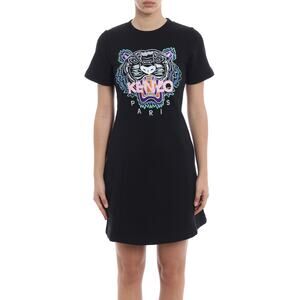 Kenzo Embroidered Logo Tiger Short Sleeve Mini Fit & Flare Dress Black Size XL